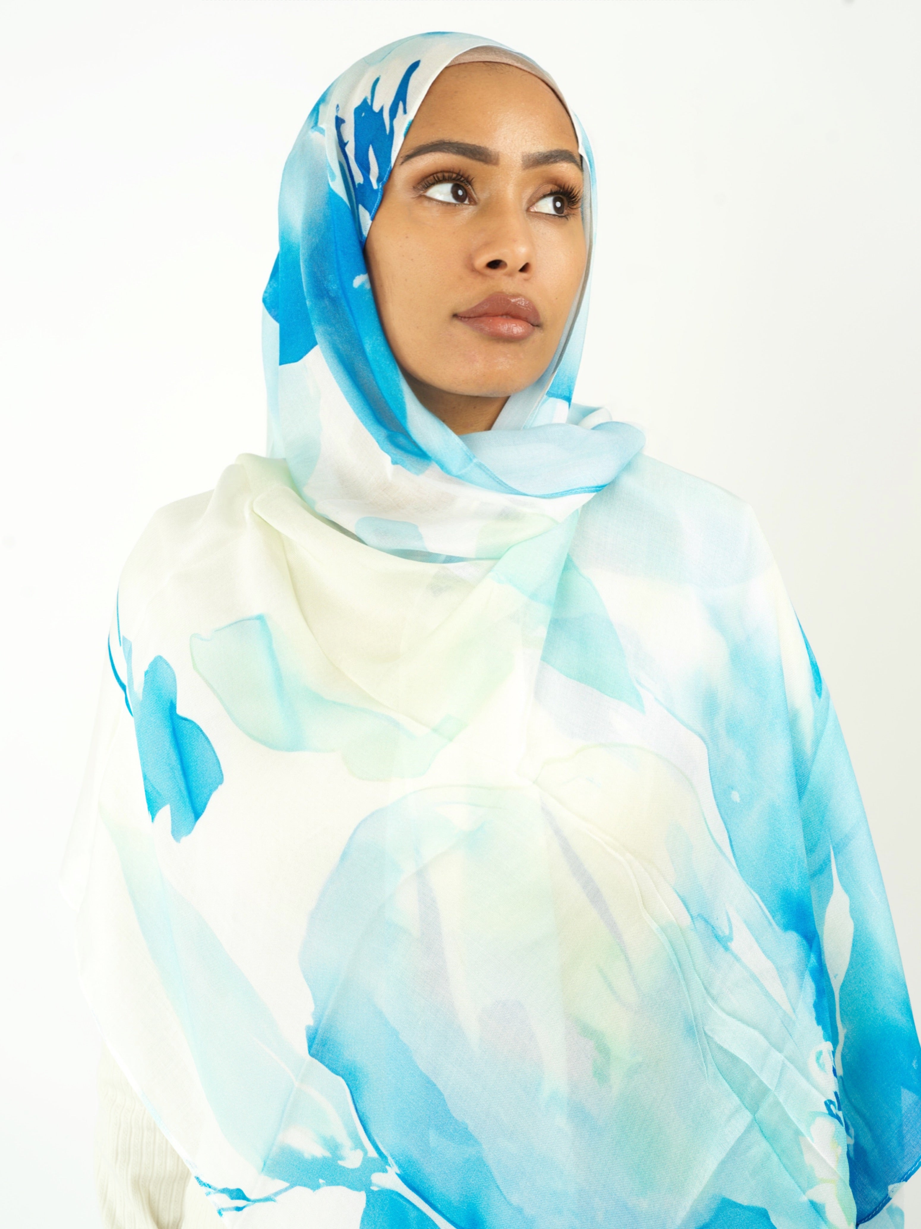 Light blue water color modal print hijab Kabayare