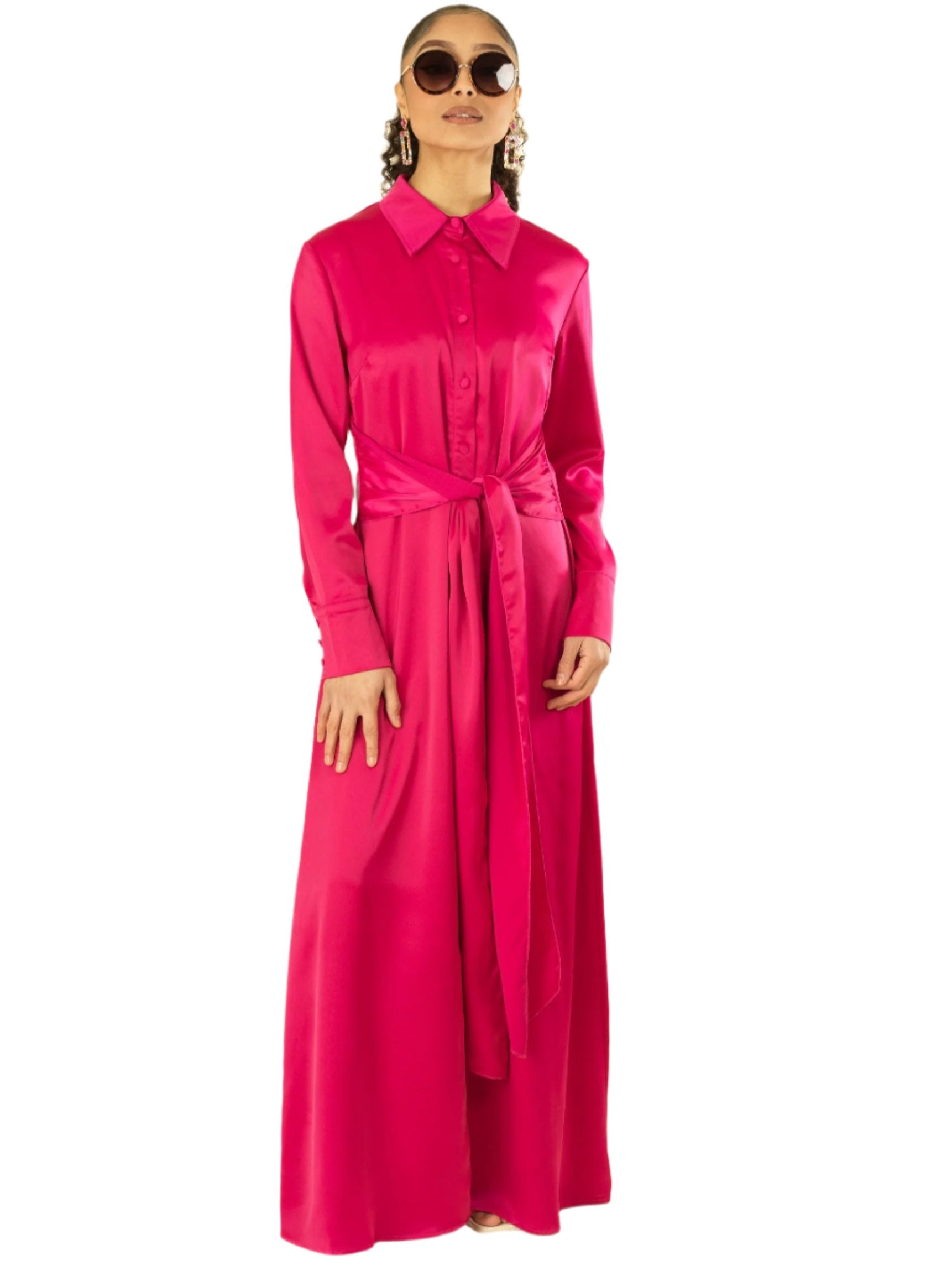 Magenta shirt-dress satin maxi dress Kabayare