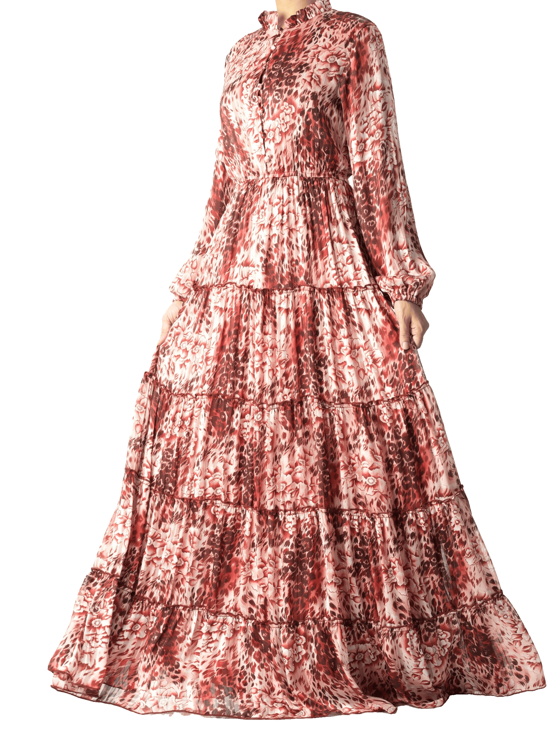 Maroon cheetah floral Anitta tiered chiffon maxi dress Kabayare