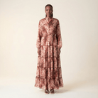 Maroon cheetah floral Anitta tiered chiffon maxi dress Kabayare