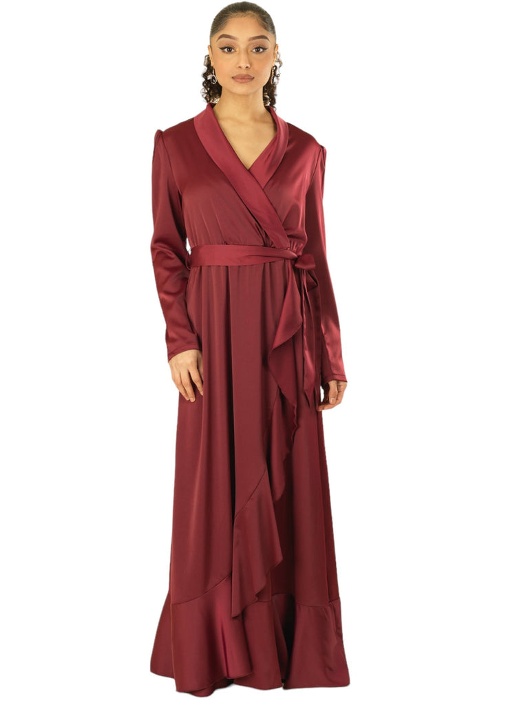 Maroon Classic Elegance wrapped satin maxi dress Kabayare