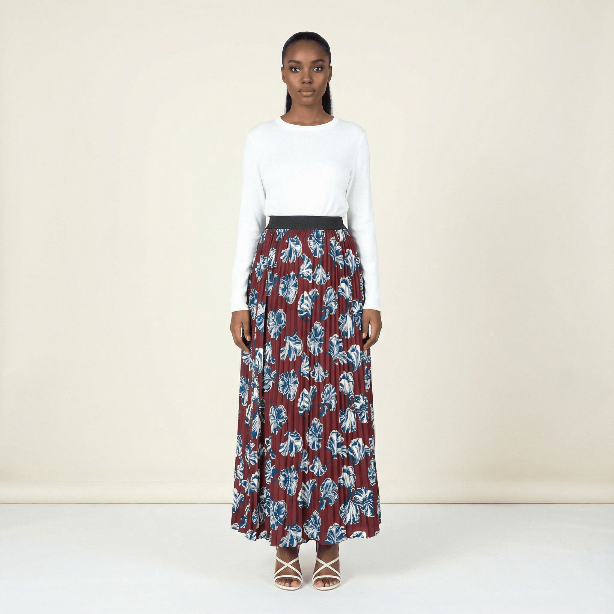 maroon floral pleated maxi skirt Kabayare