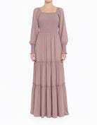 Mauve Rose Sorrento Smocked Tiered Modest Maxi Dress Kabayare