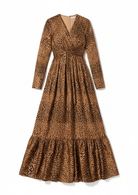 Modest maxi dress Brown cheetah print satin Kabayare