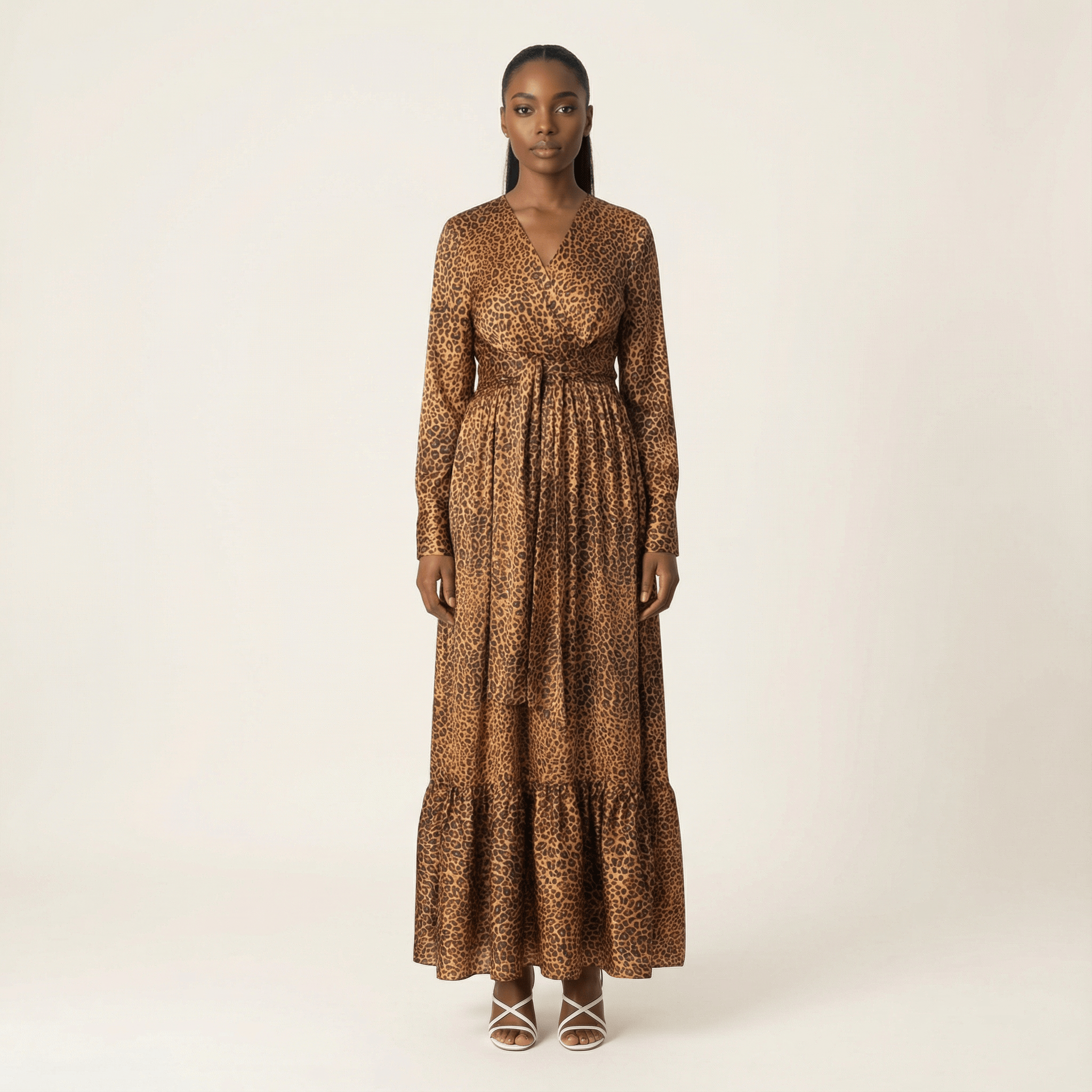 Modest maxi dress Brown cheetah print satin Kabayare