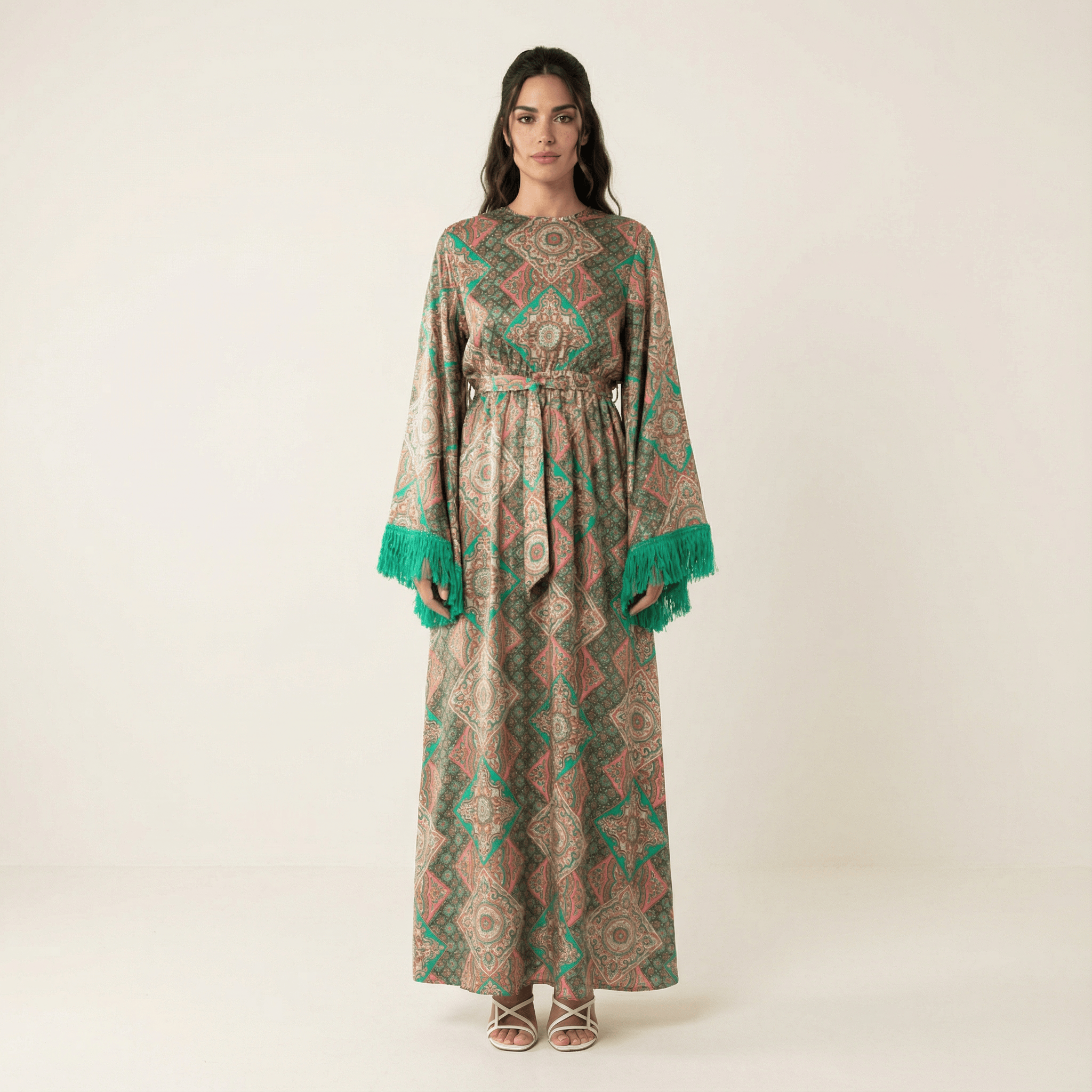 Moroccan print captivated in tassel modest maxi dress Kabayare