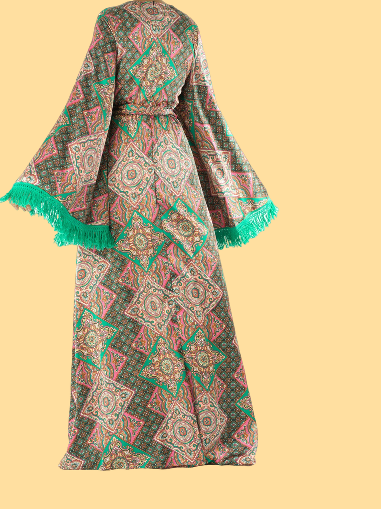 Moroccan print captivated in tassel modest maxi dress Kabayare