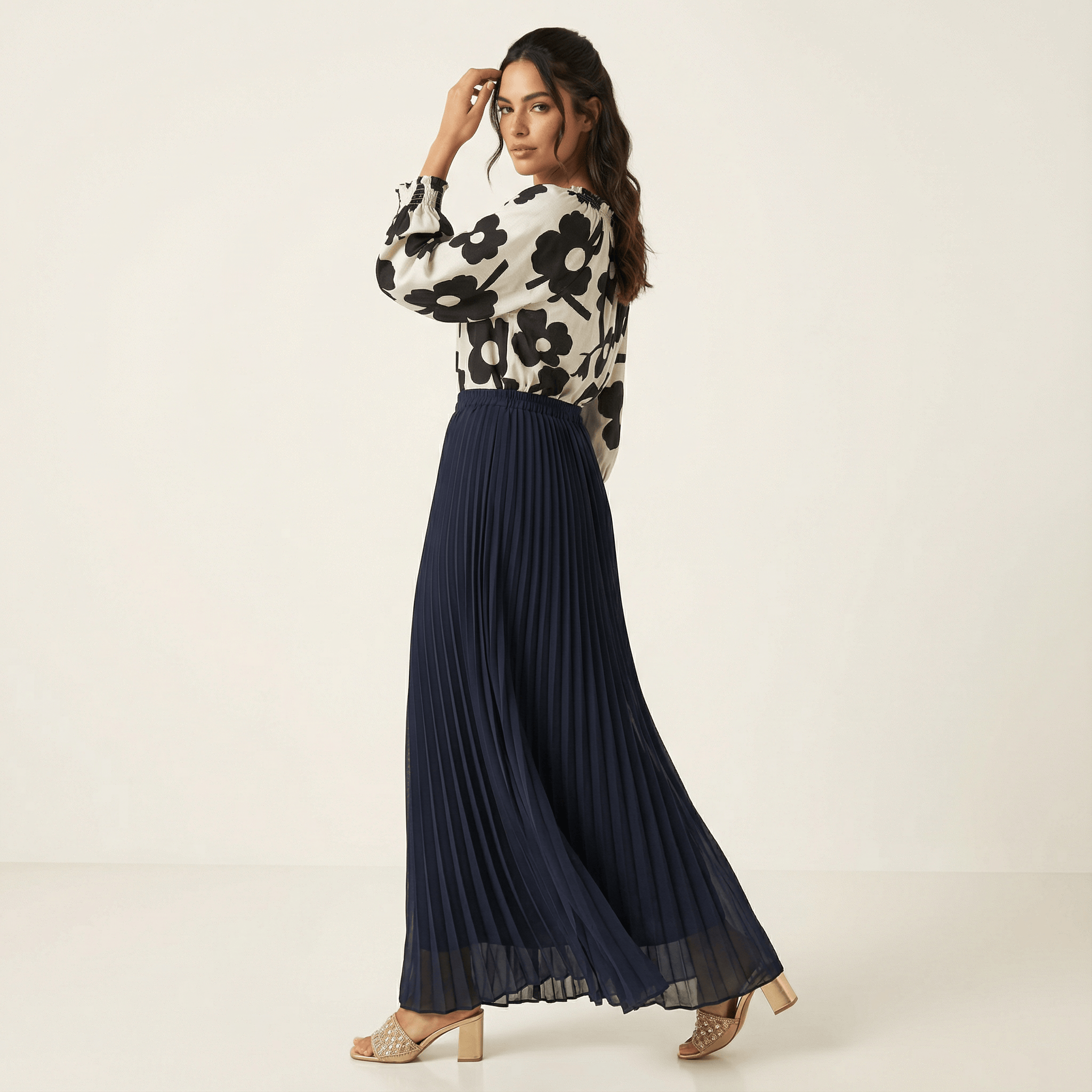 Navy pleated chiffon Maxi Skirt Kabayare