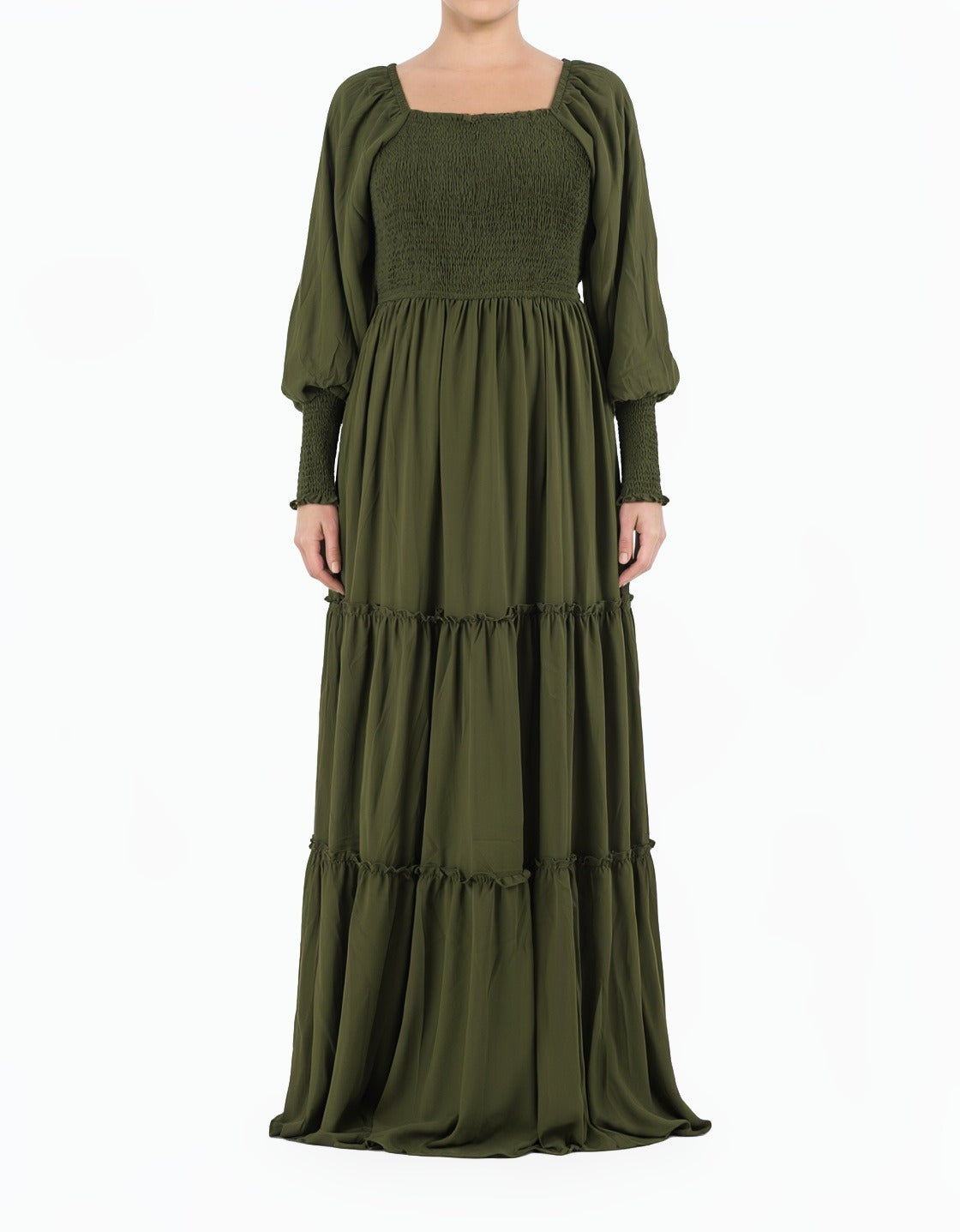 Olive Sorrento Smocked Tiered Modest Maxi Dress Kabayare