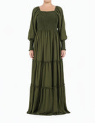 Olive Sorrento Smocked Tiered Modest Maxi Dress Kabayare