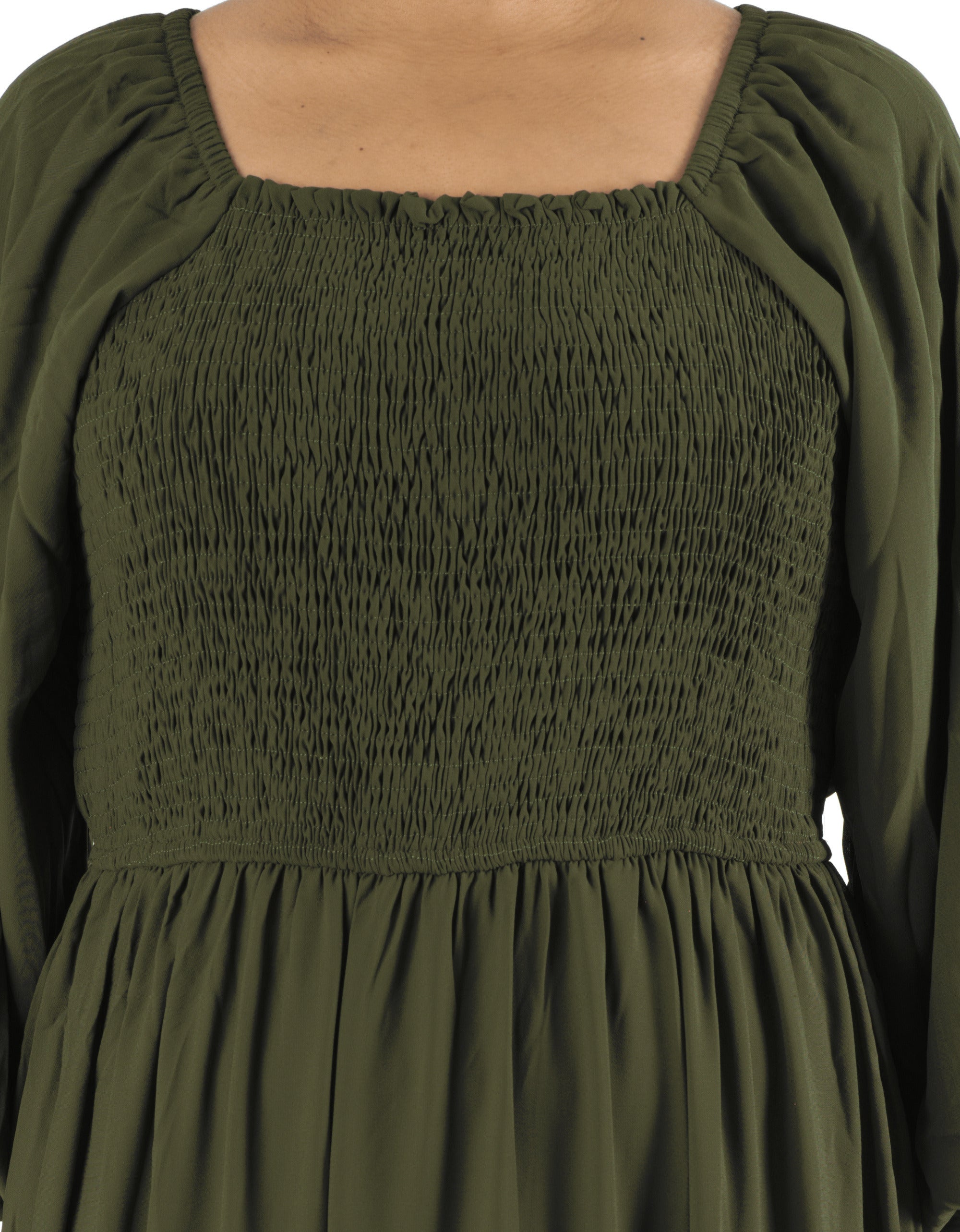 Olive Sorrento Smocked Tiered Modest Maxi Dress: smocked bodice detail