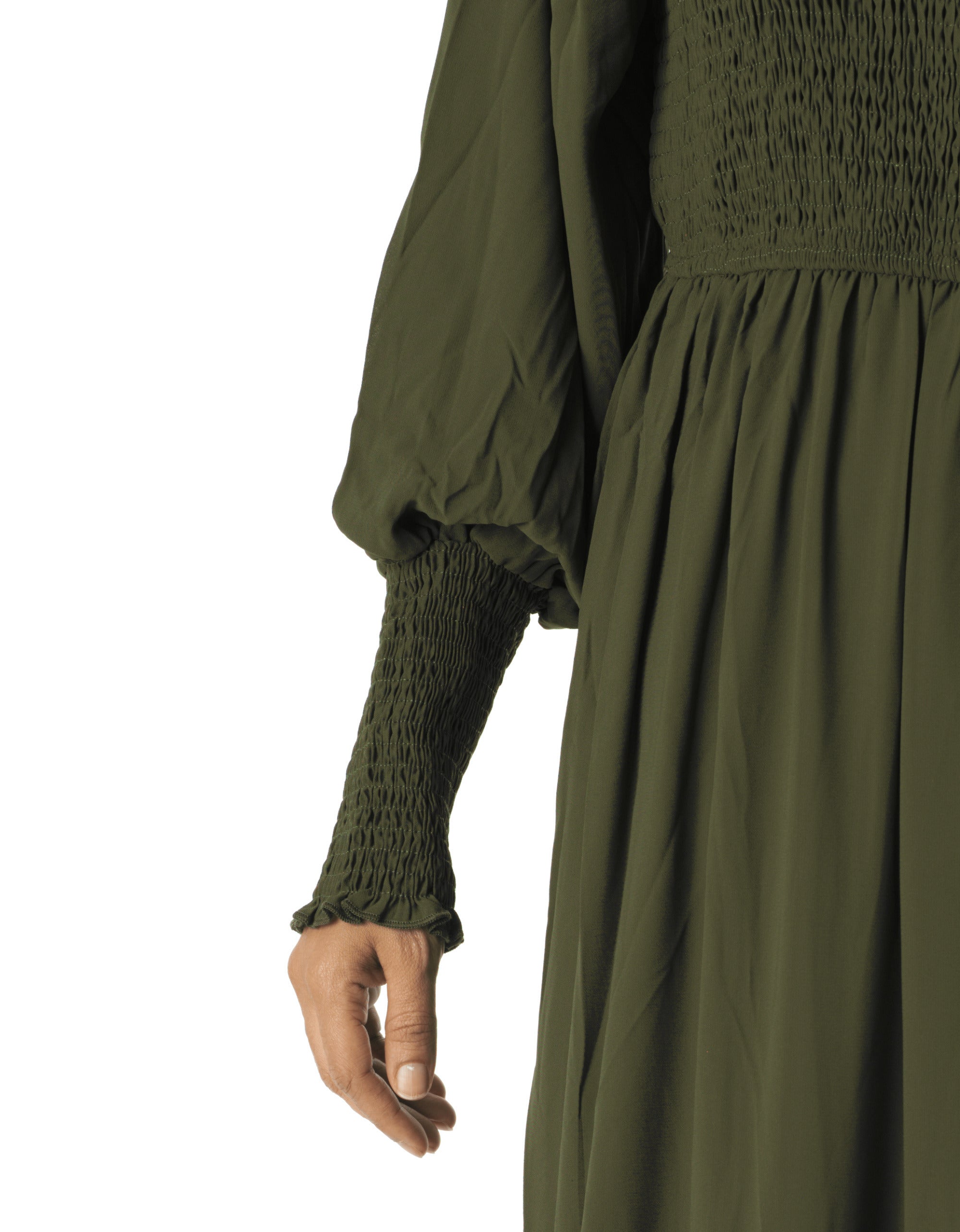 Olive Sorrento Smocked Tiered Modest Maxi Dress: sleeve detail