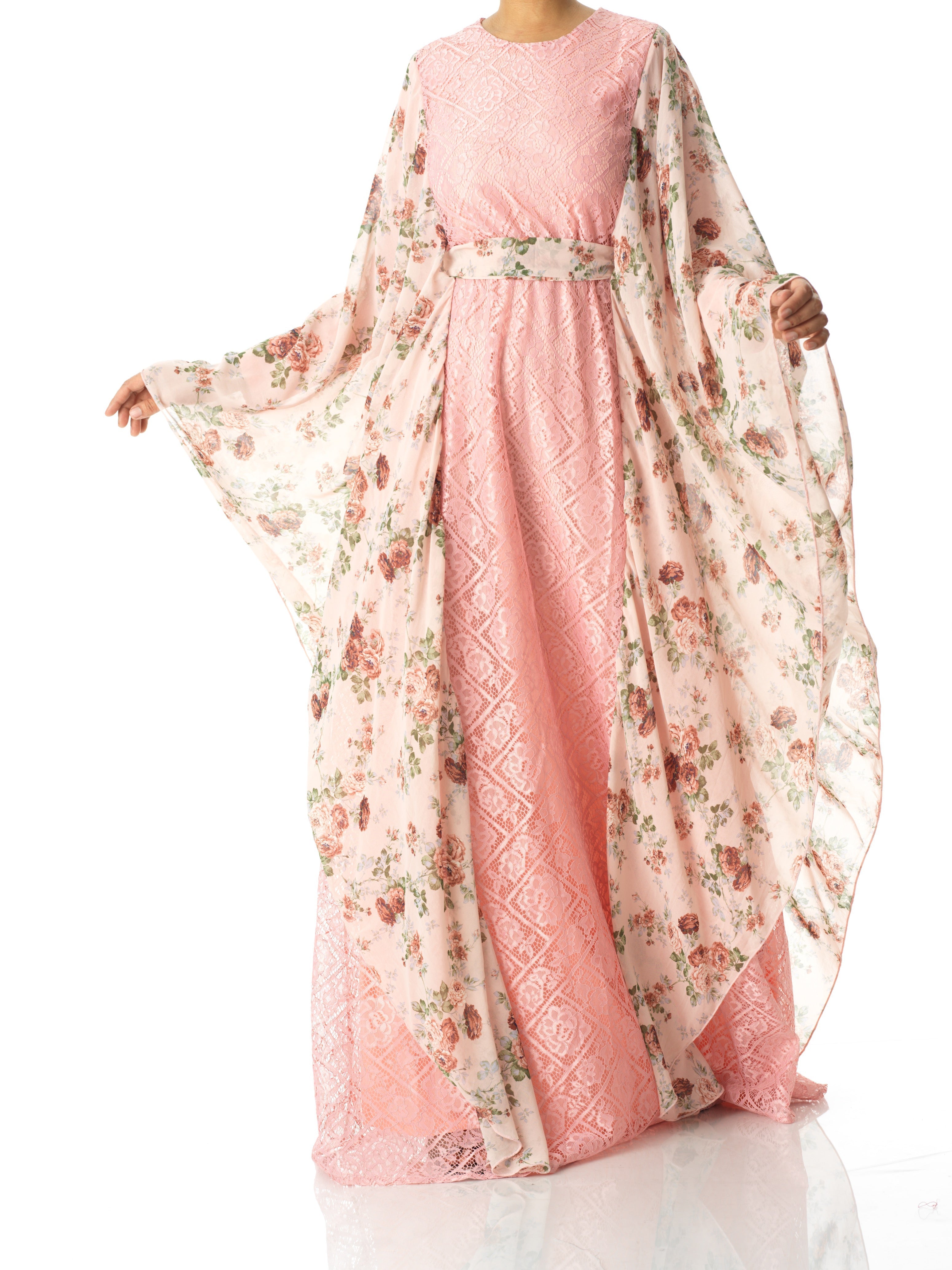 Pastel Pink floral butterfly Chiffon Kaftan abaya Kabayare