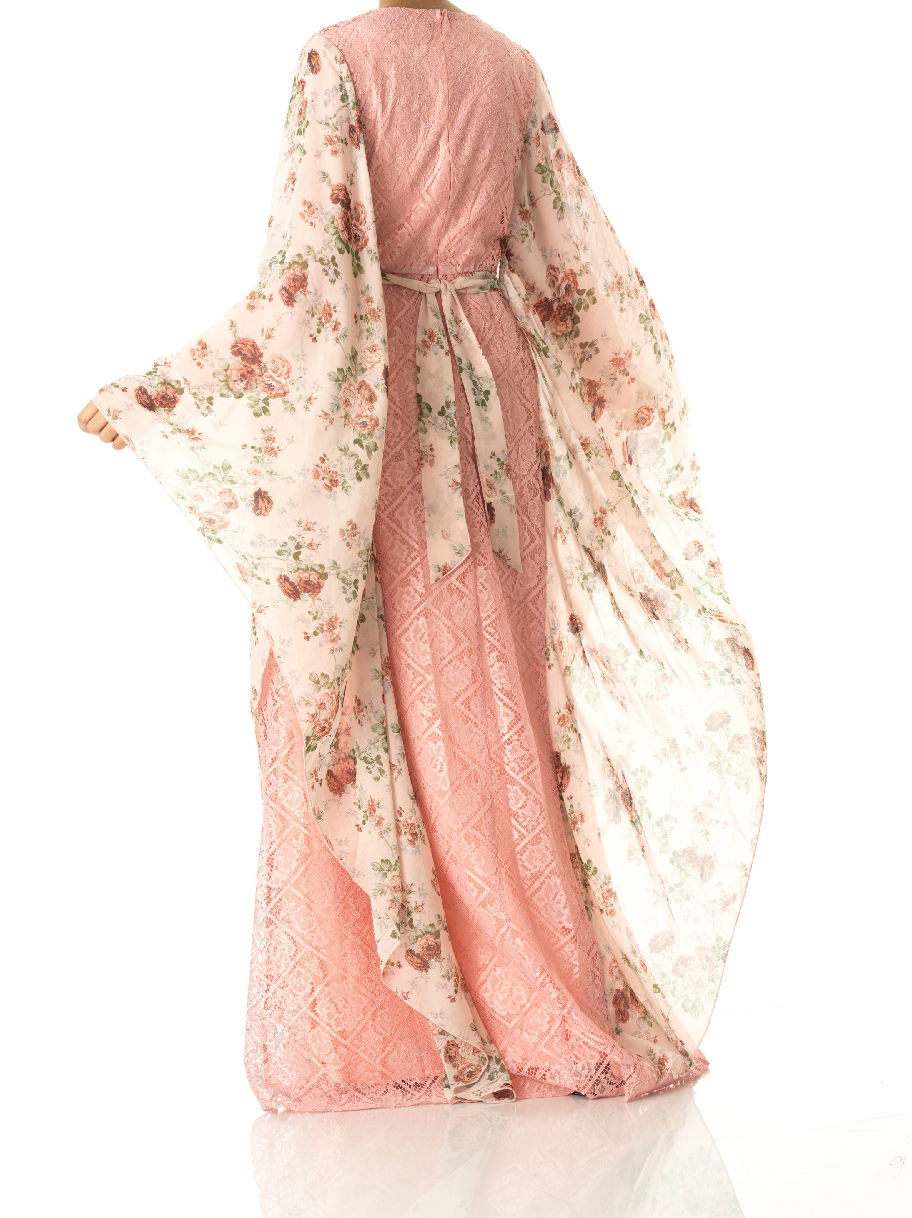 Pastel Pink floral butterfly Chiffon Kaftan abaya Kabayare