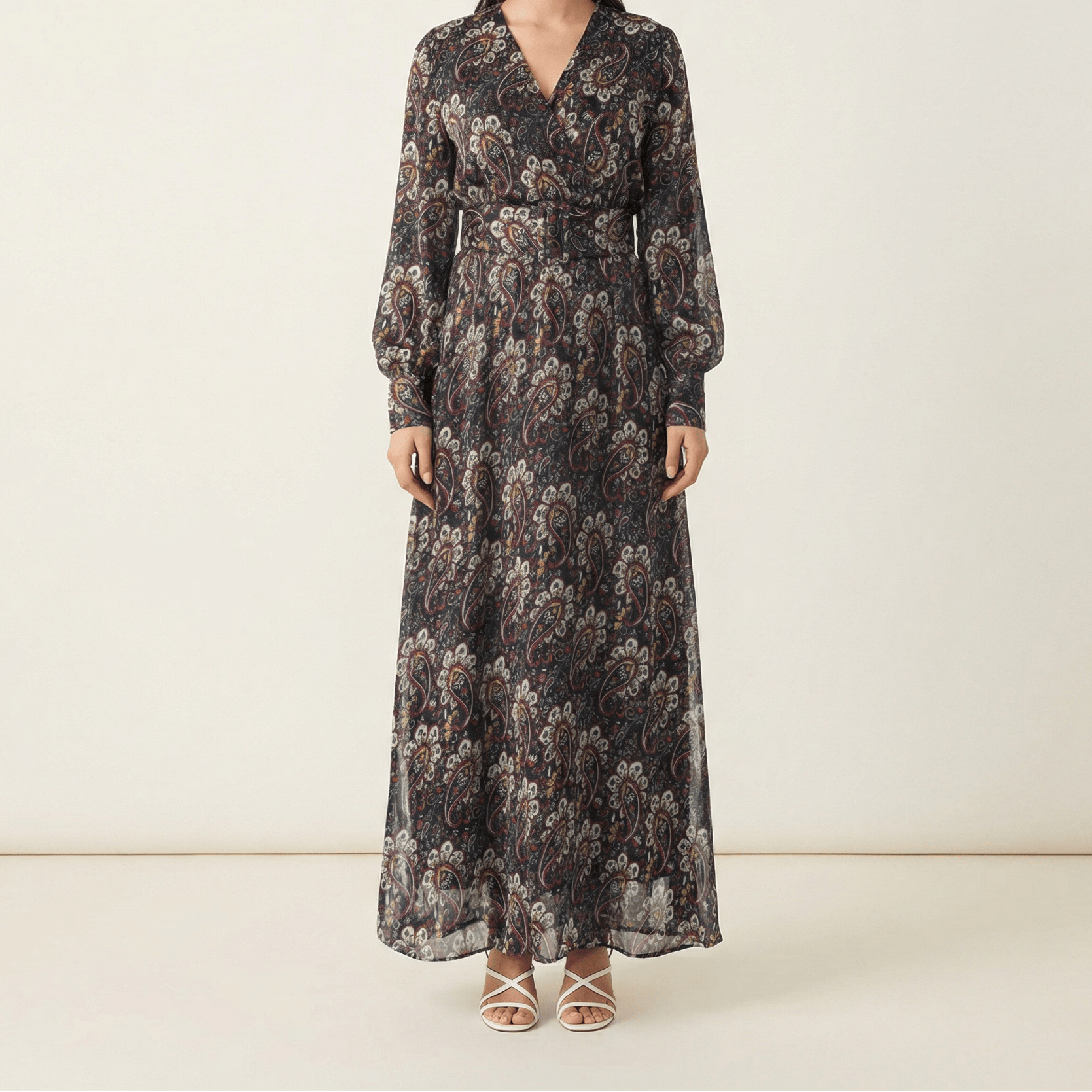 Pretty Paisley print v-neck chiffon shimmer maxi dress Kabayare