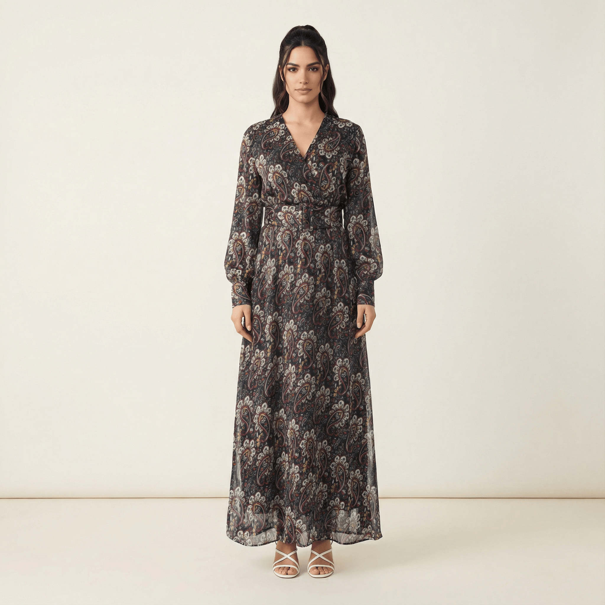 Pretty Paisley print v-neck chiffon shimmer maxi dress Kabayare