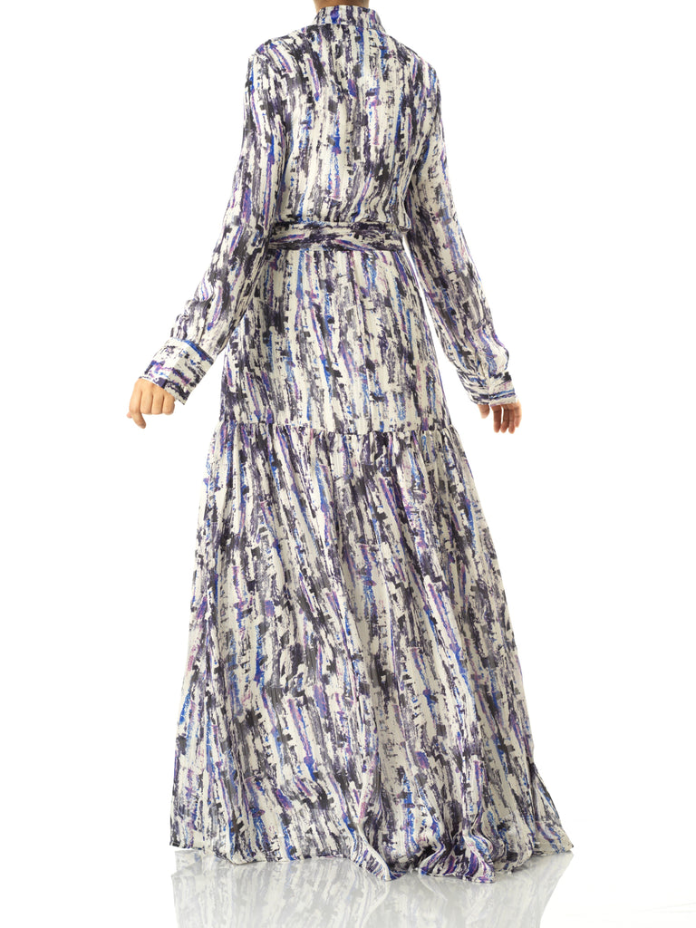 Purple Abstract art crepe long sleeve maxi dress Kabayare
