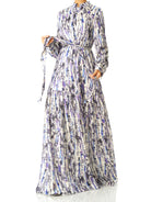 Purple Abstract art crepe long sleeve maxi dress Kabayare