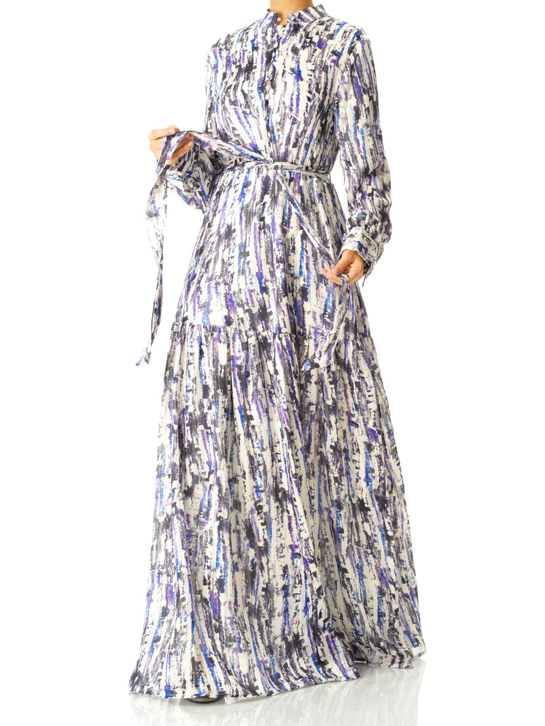 Purple Abstract art crepe long sleeve maxi dress Kabayare