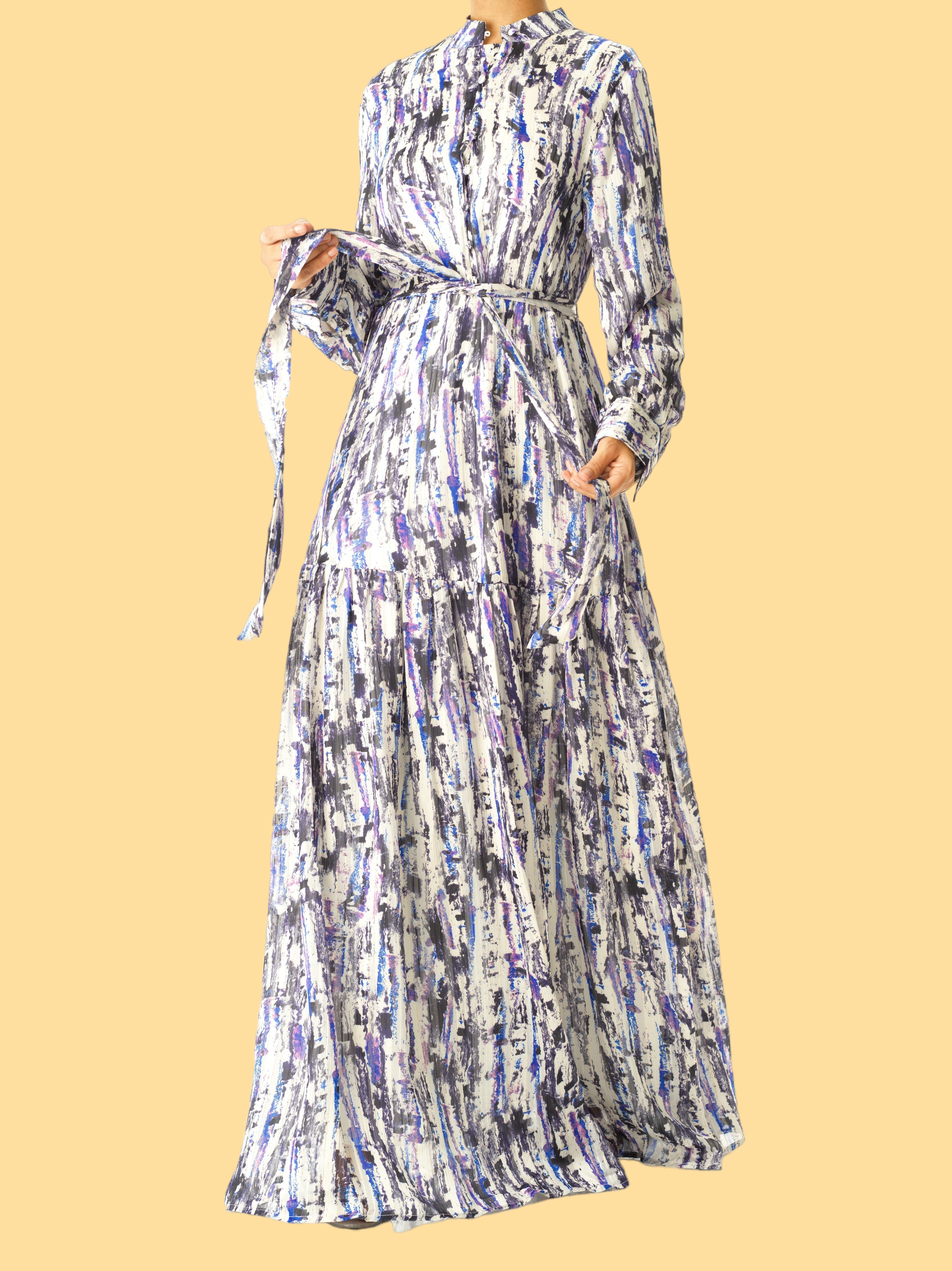 Purple Abstract art crepe long sleeve maxi dress Kabayare