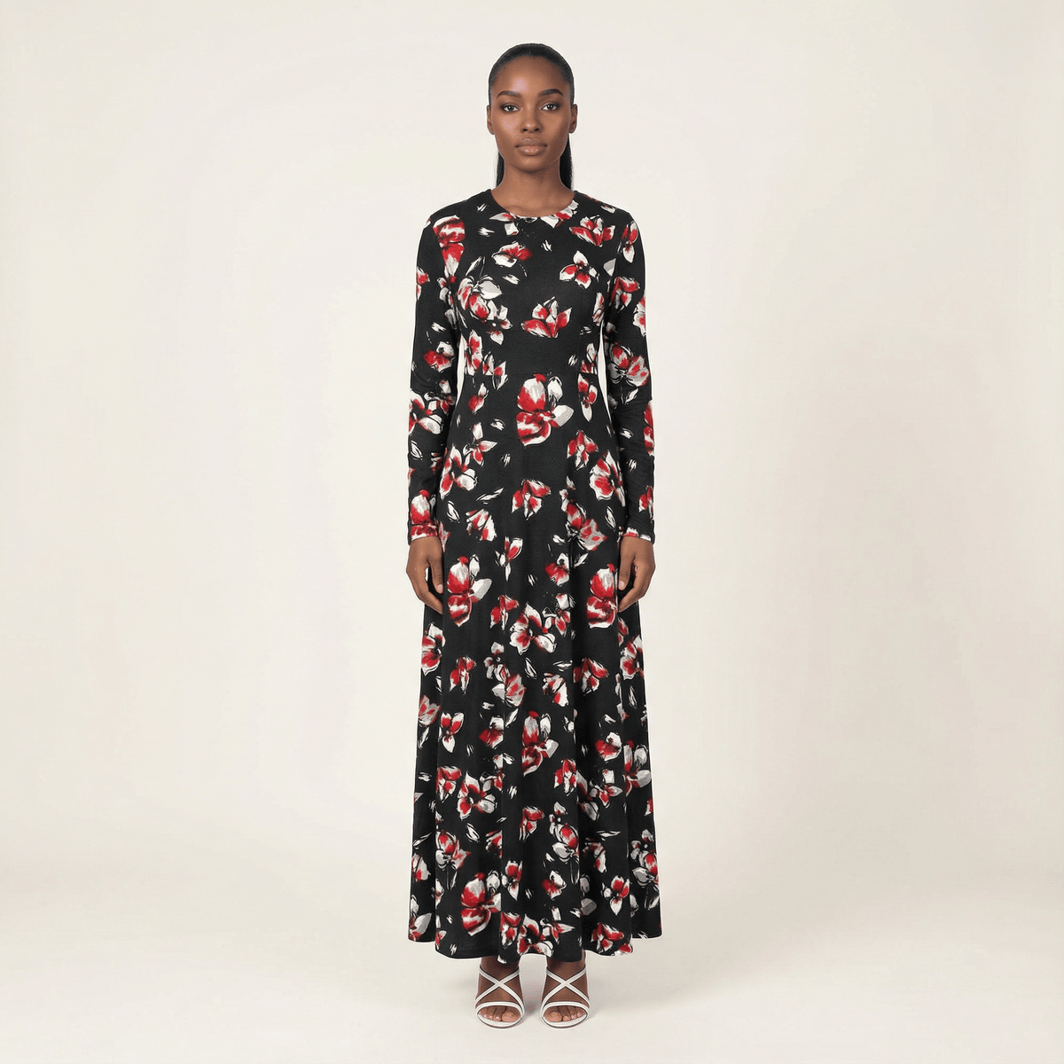 red floral a line dress Long Sleeve Floral Embellished A Line Maxi Dress Red