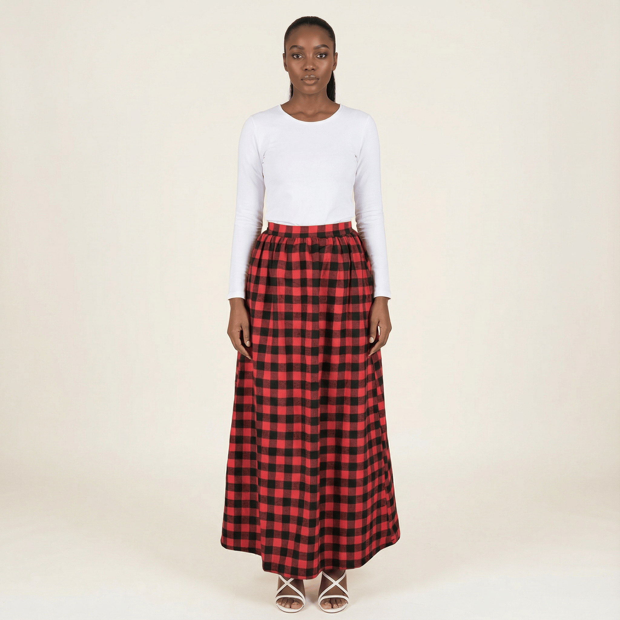 Red Plaid Maxi Skirt Kabayare