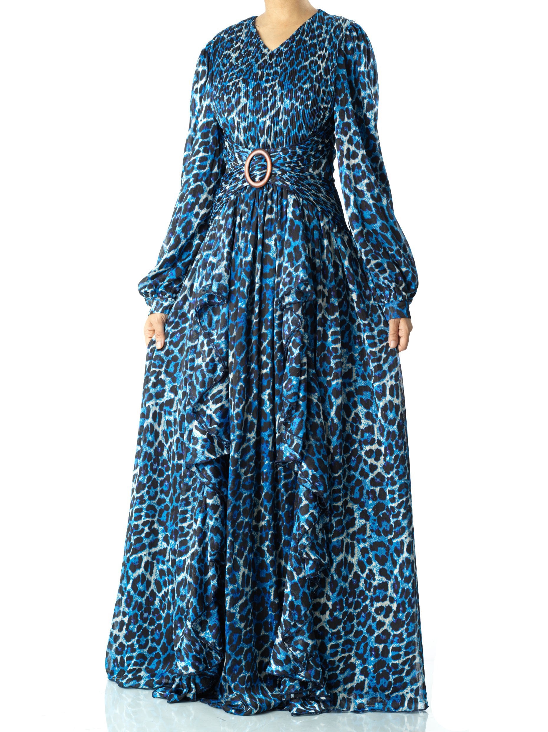 Electric Blue cheetah print long sleeve modest maxi Dress | Dress L Electric Blue cheetah print long sleeve modest maxi Dress | Dress L