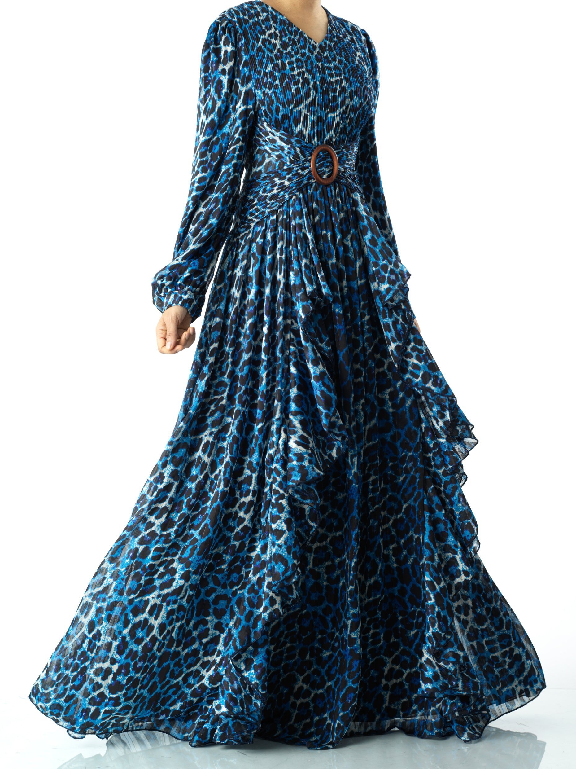 Electric Blue cheetah print long sleeve modest maxi dress | Dress Kabayare Electric Blue cheetah print long sleeve modest maxi dress | Dress Kabayare