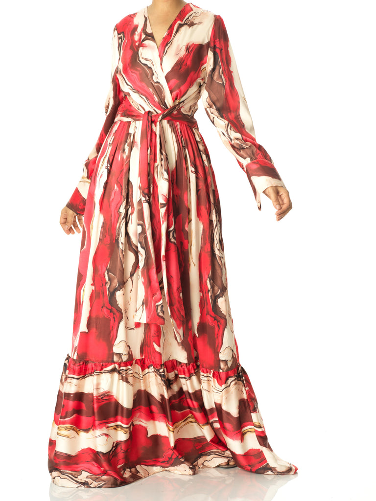 Ruby Red satin long sleeve maxi dress Kabayare