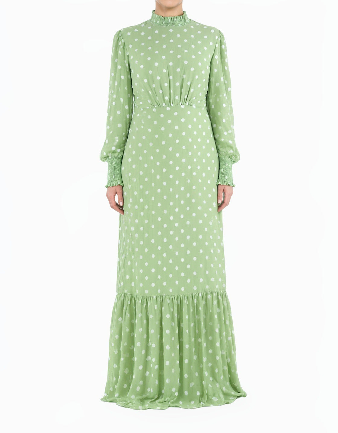 Sage Polka Dot Lucca Smocked High Neck Modest Maxi Dress Kabayare