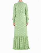Sage Polka Dot Lucca Smocked High Neck Modest Maxi Dress Kabayare