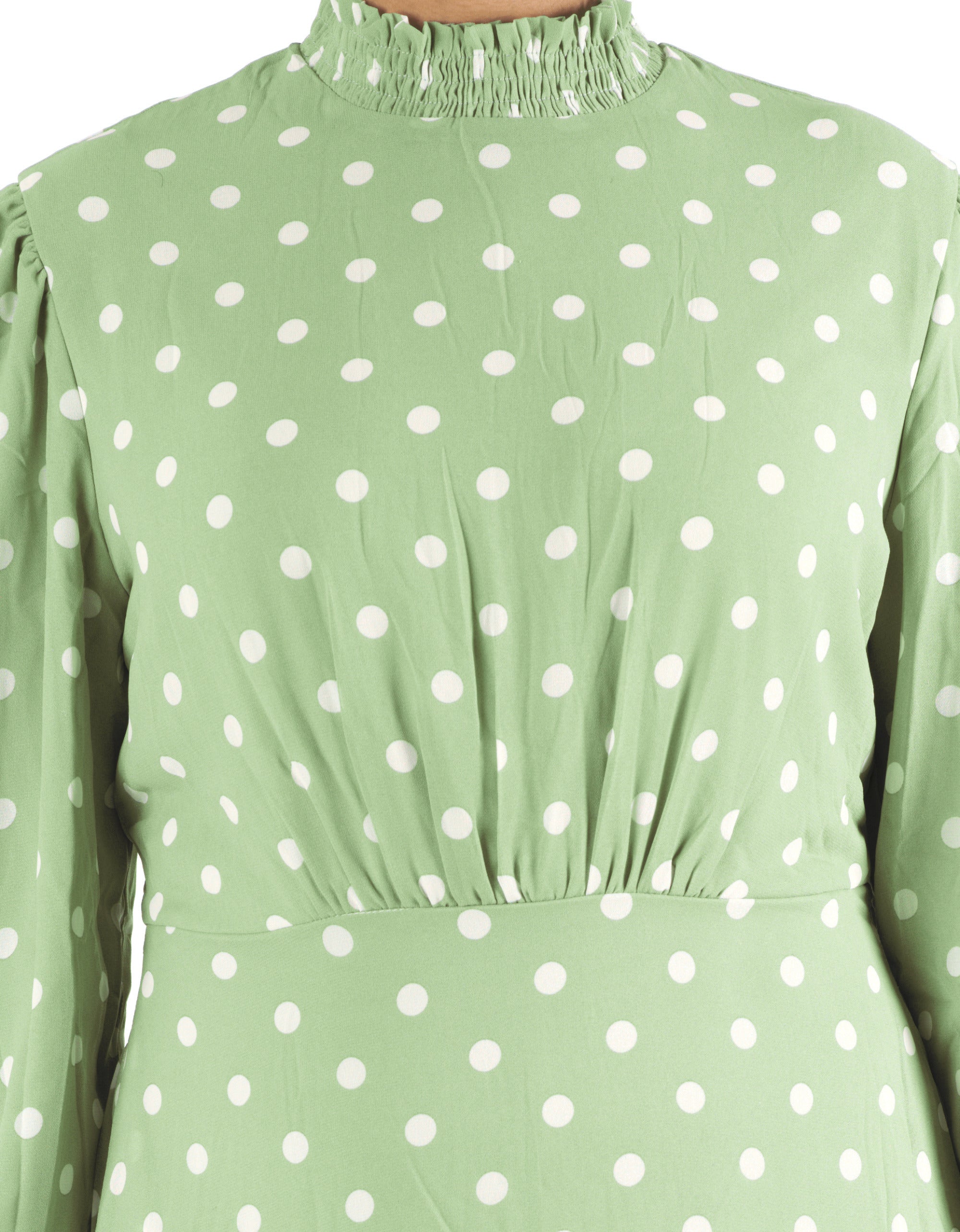 Sage Polka Dot Lucca Smocked High Neck Modest Maxi Dress: smocked neck detail