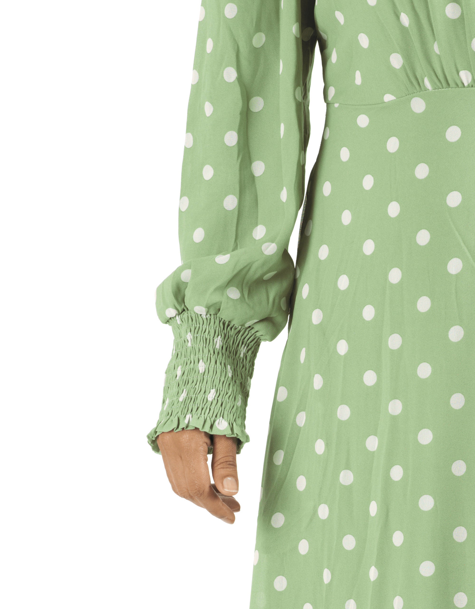 Sage Polka Dot Lucca Smocked High Neck Modest Maxi Dress: cuff detail