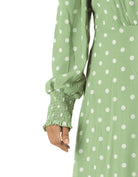 Sage Polka Dot Lucca Smocked High Neck Modest Maxi Dress: cuff detail