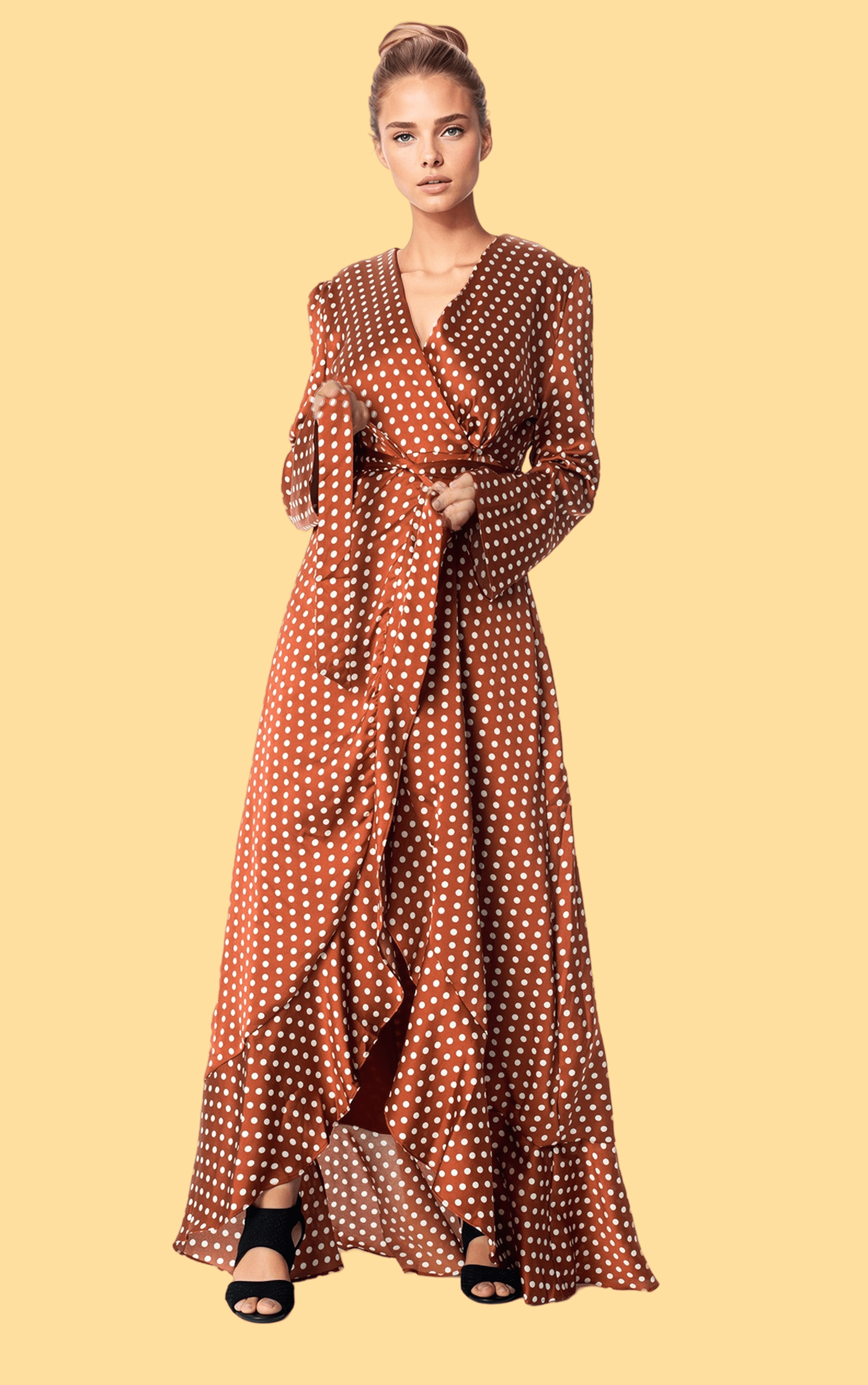 Satin Polka dots wrap Kimono dress