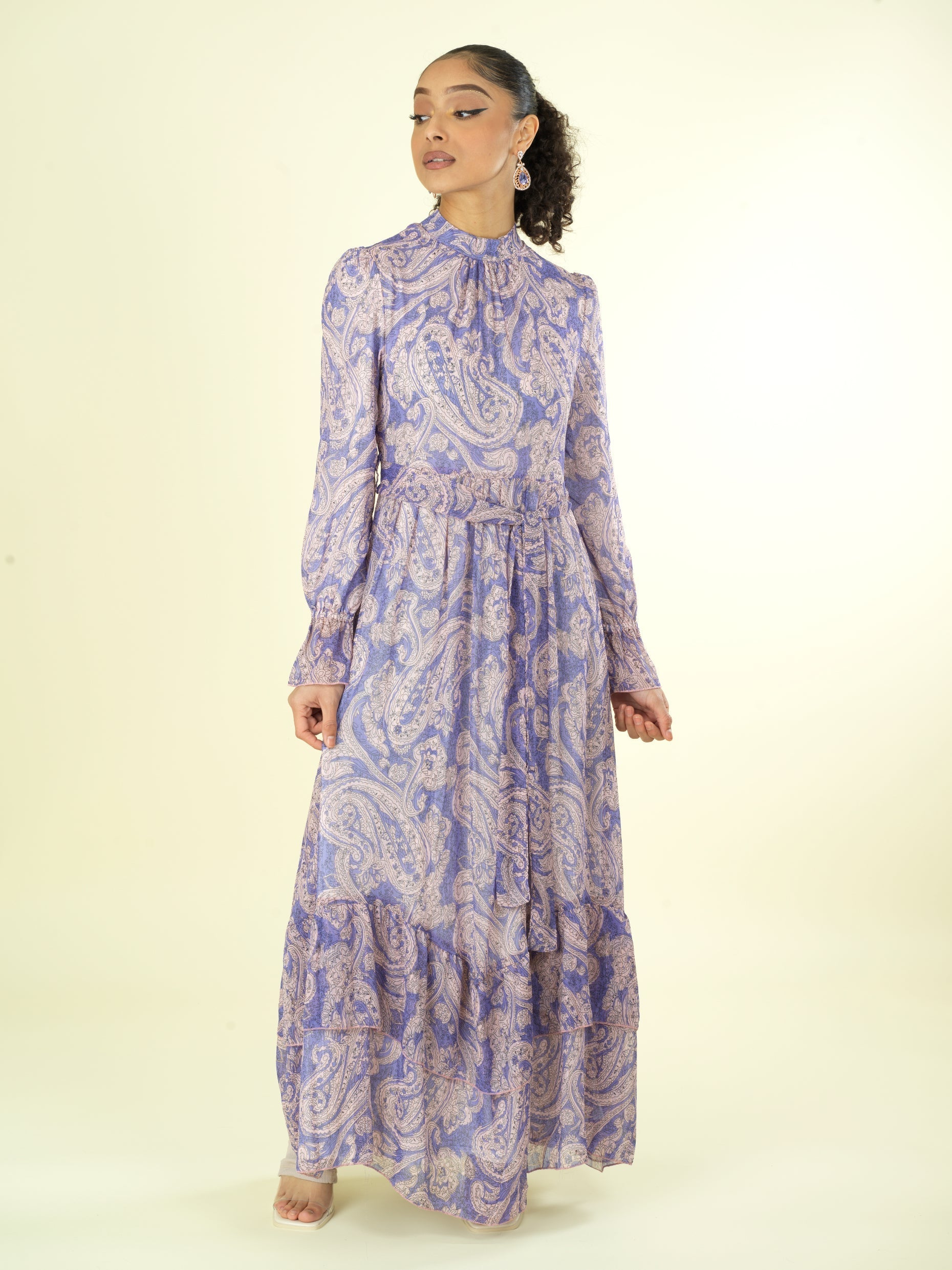 shades of lavender and paisley print modest maxi dress Kabayare