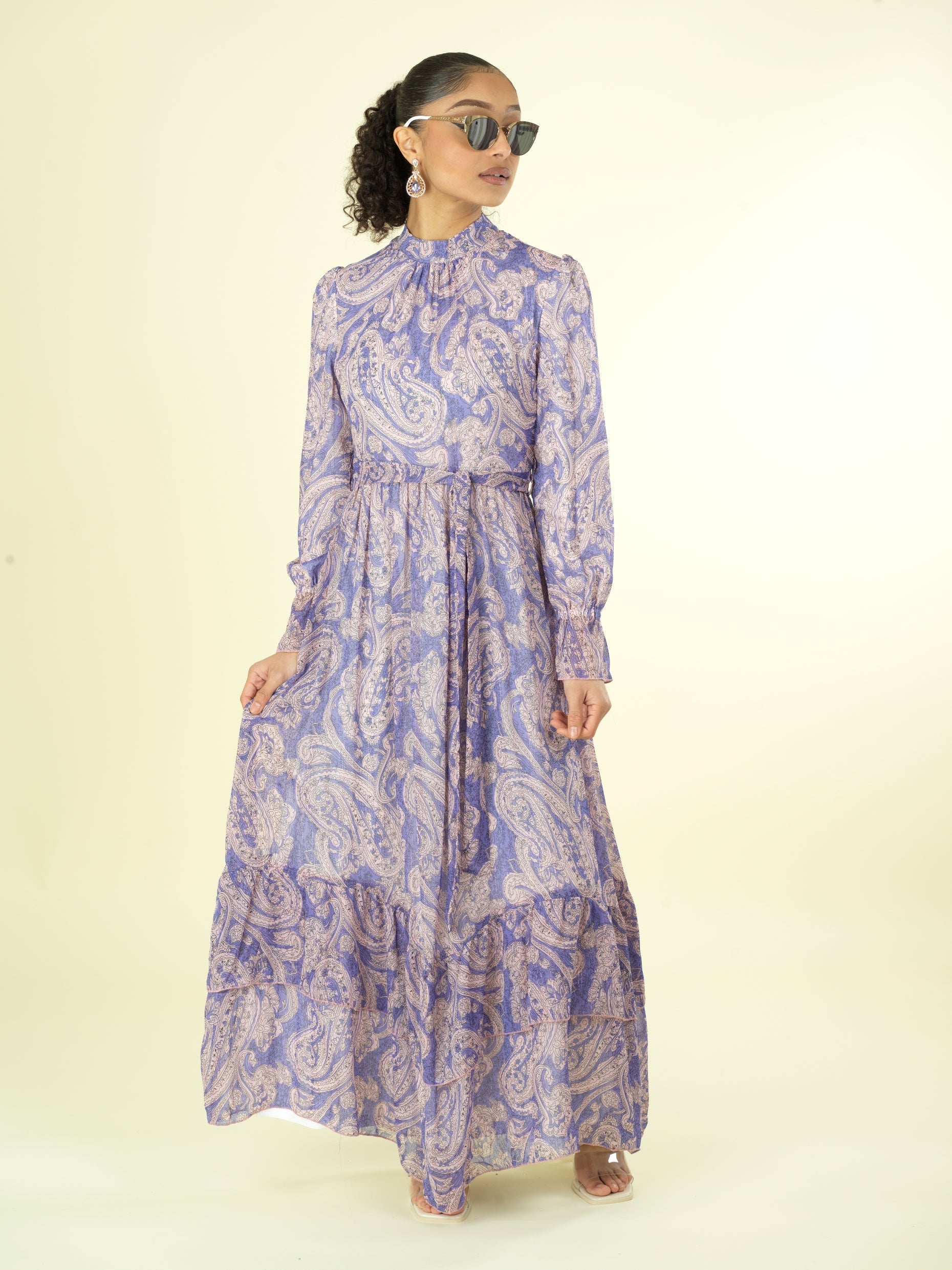 shades of lavender and paisley print modest maxi dress Kabayare