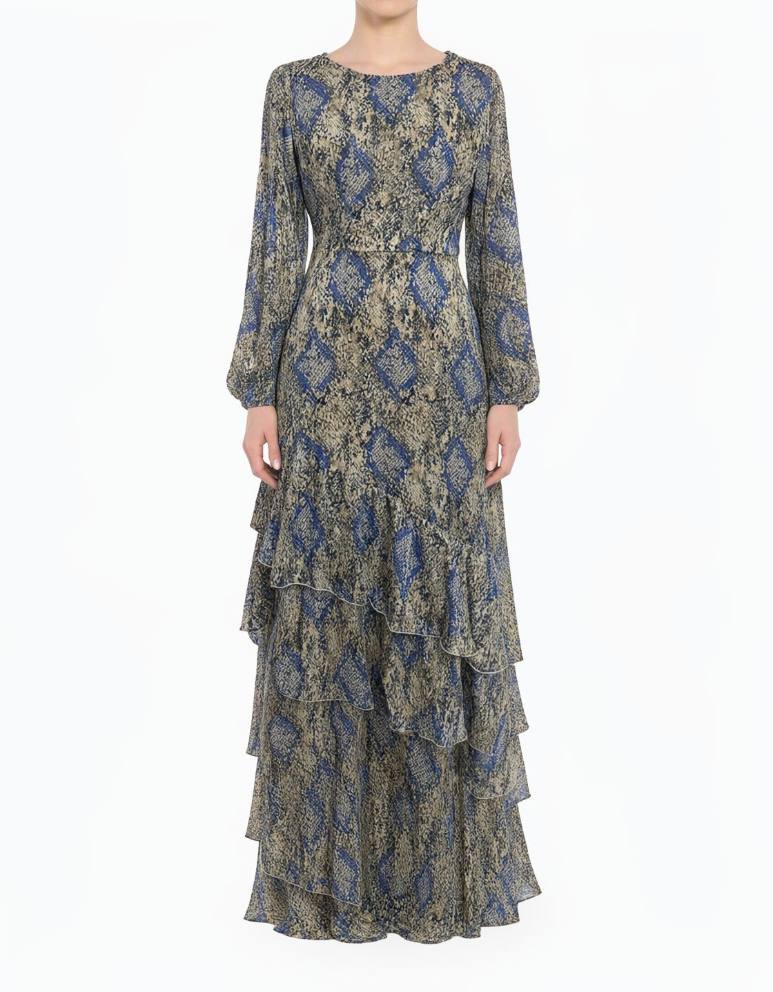 Snakeskin Print Capri Tiered Ruffle Modest Maxi Dress Kabayare