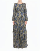 Snakeskin Print Capri Tiered Ruffle Modest Maxi Dress Kabayare