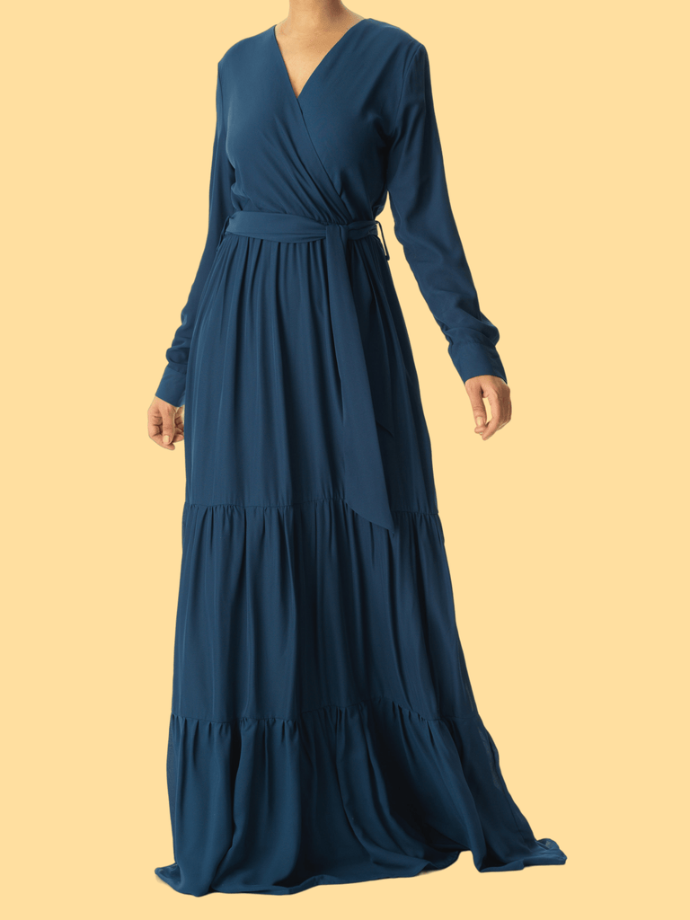 Solid V-neck chiffon tiered maxi dress Kabayare