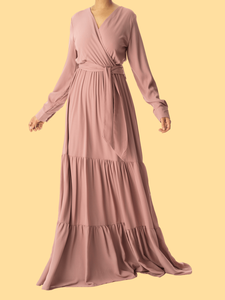 Solid V-neck chiffon tiered maxi dress Kabayare