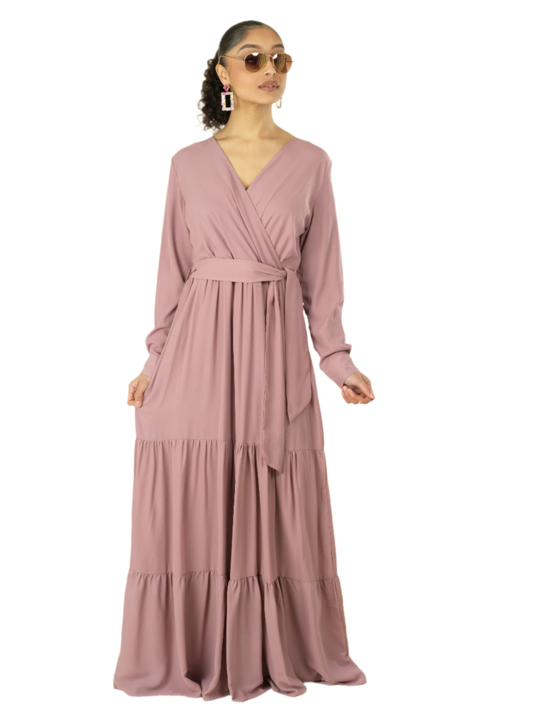 Solid V-neck chiffon tiered maxi dress Kabayare