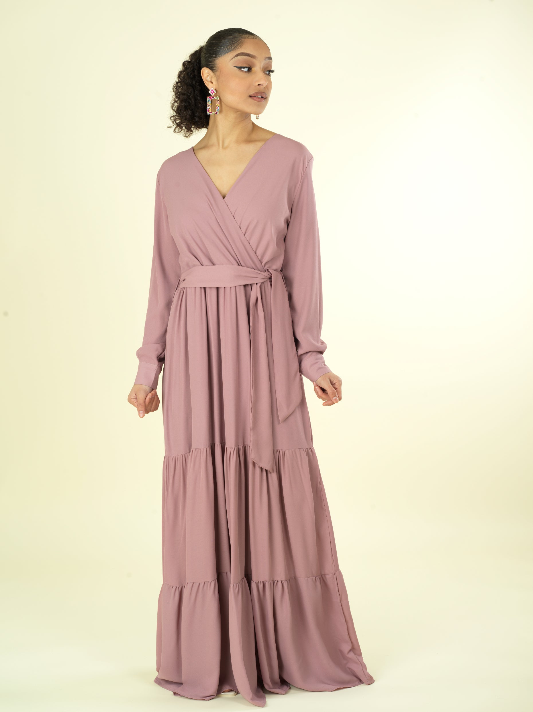 Solid V-neck chiffon tiered maxi dress Kabayare