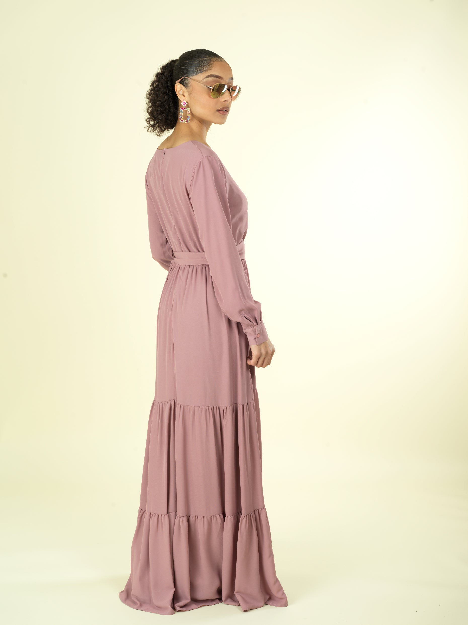 Solid V-neck chiffon tiered maxi dress Kabayare