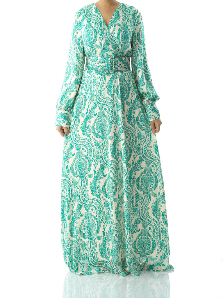 Teal green henna print v-neck chiffon maxi dress Kabayare