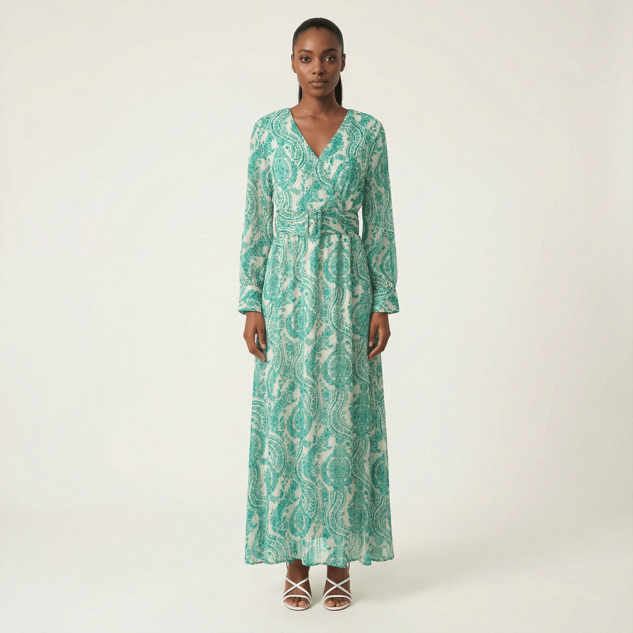 Teal green henna print v-neck chiffon shimmer maxi dress Kabayare