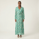 Teal green henna print v-neck chiffon shimmer maxi dress Kabayare