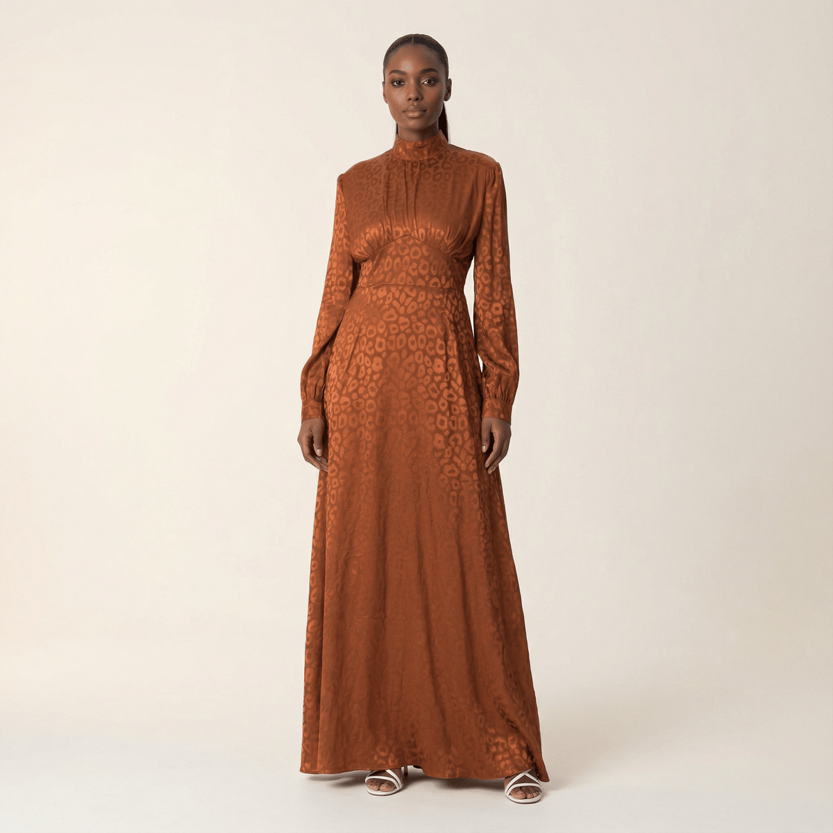 brown jacquard dress Rust Brown Walk on the wild side satin jacquard dress | Dress