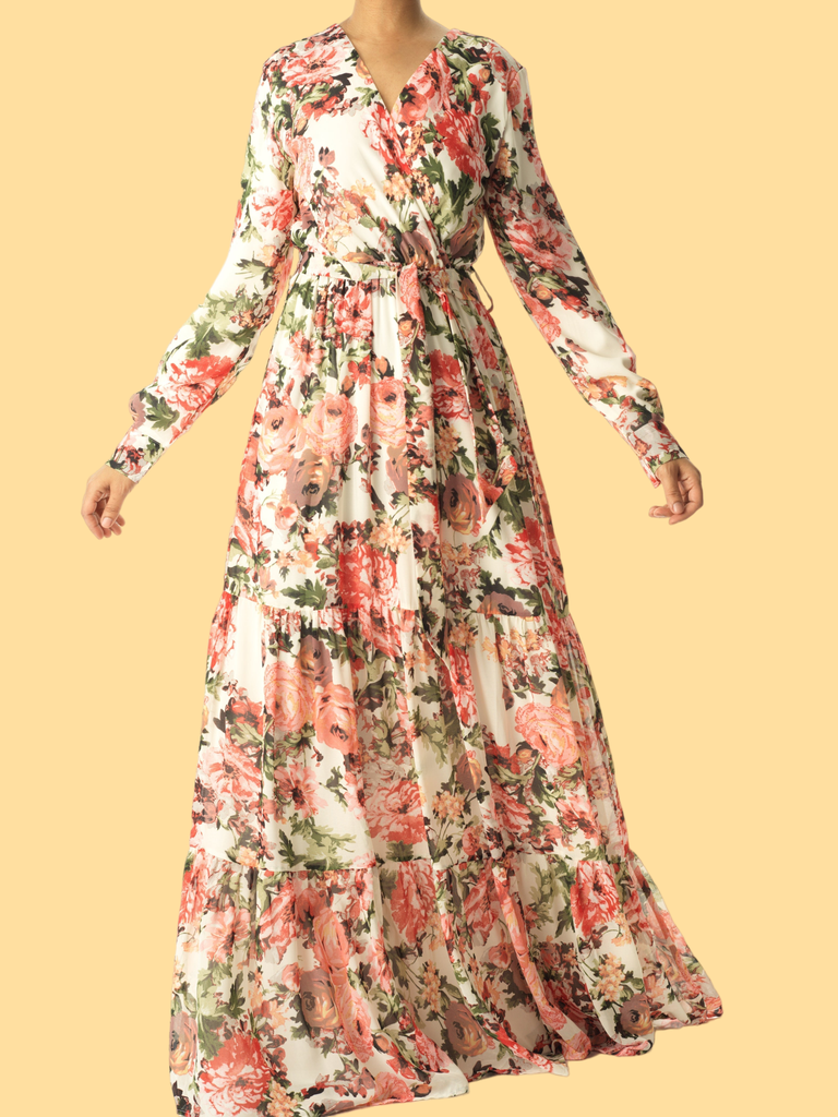 White Bloom Blush Floral Print Maxi  dress Kabayare