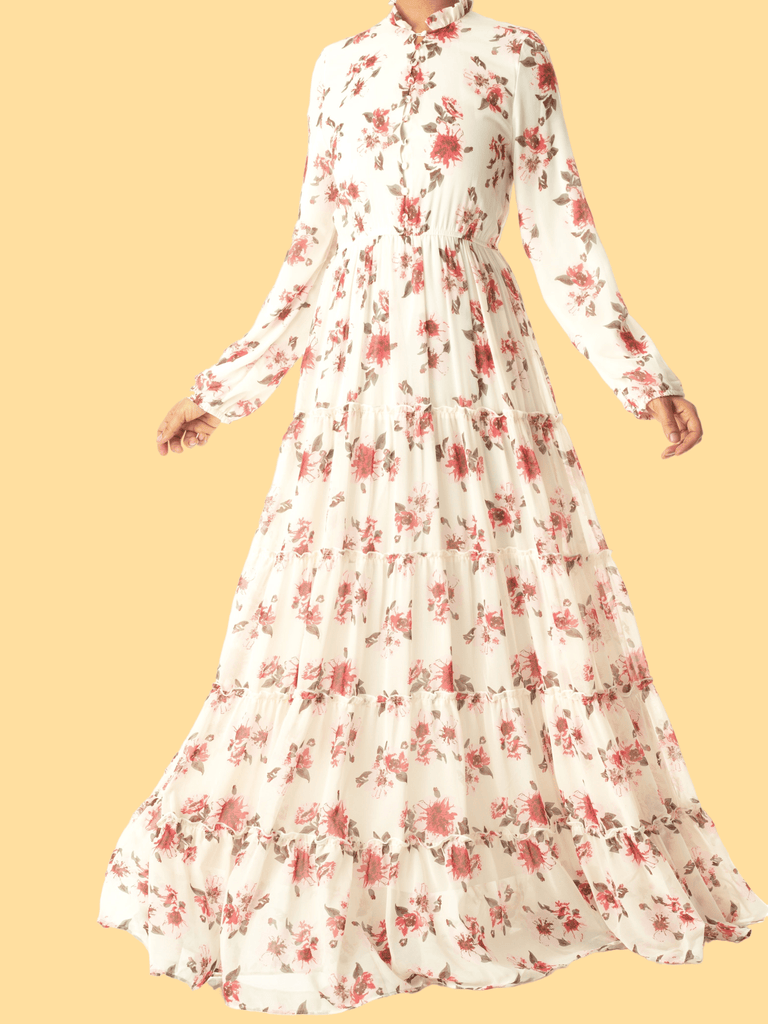 White Hibiscus floral print modest maxi dress Kabayare